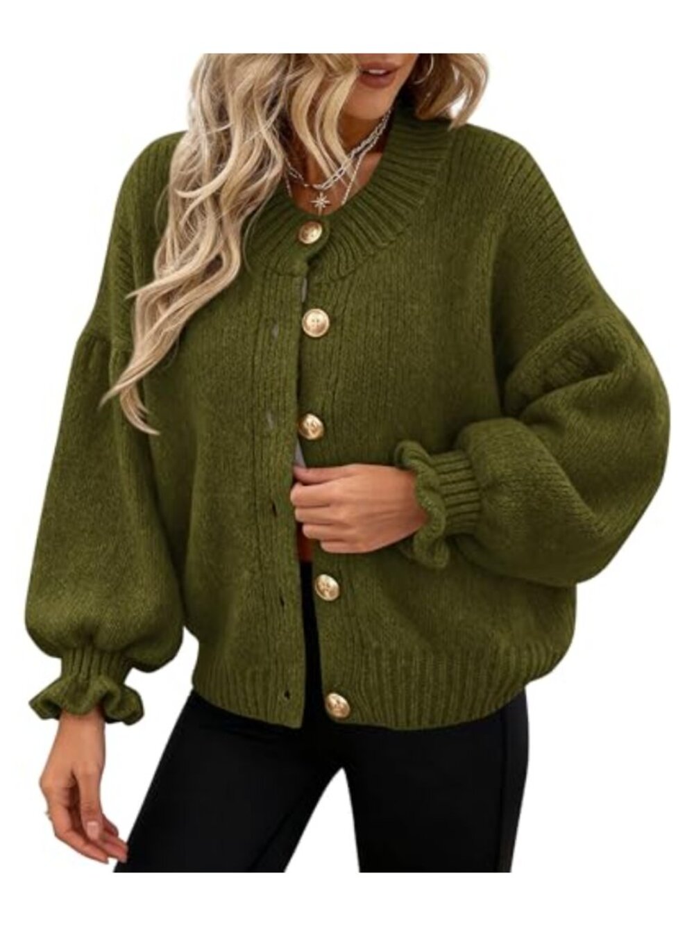 Women's Cropped Ruffle Cardigan Chunky Knit